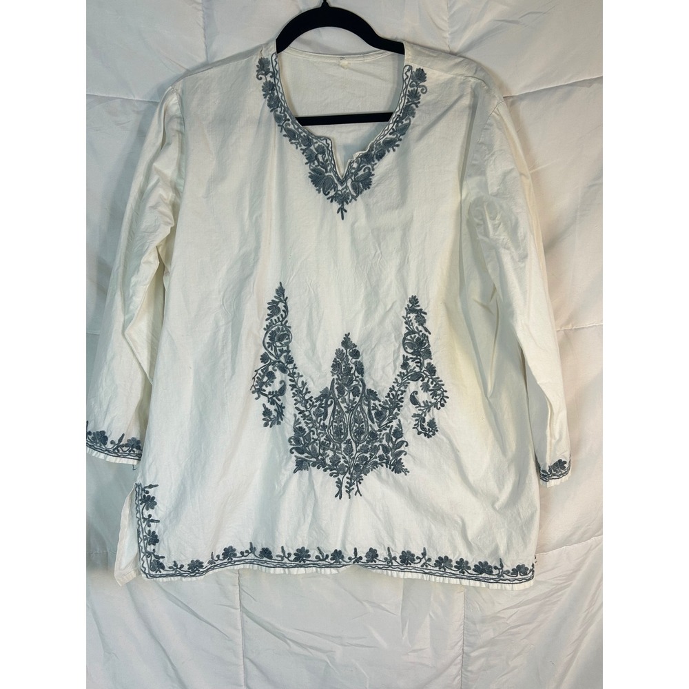 White Embroidered Tunic Top Long Sleeve V‎ Neck Casual Womens Size M
